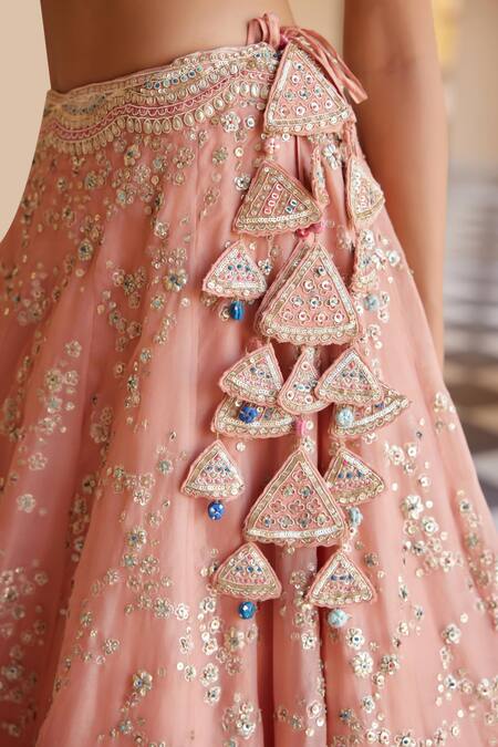 Osaa By Adarsh_Peach Organza Embroidery, Tassels Sweetheart Neck Zardozi Lehenga Set _at_Aza_Fashions