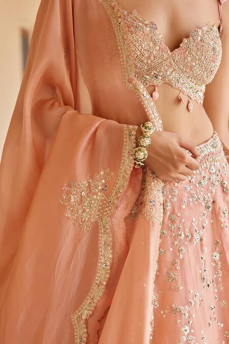 Buy_Osaa By Adarsh_Peach Organza Embroidery, Tassels Sweetheart Neck Zardozi Lehenga Set 