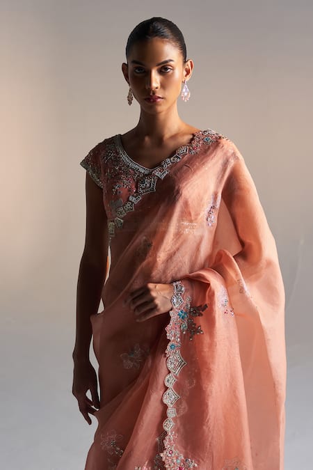 Osaa By Adarsh Peach Organza Dori, Aari, French Knot, Zardozi Round Work Saree With Blouse Online at Aza Fashions Osaa By Adarsh_Peach Organza Dori, Aari, French Knot, Zardozi Round Work Saree With Blouse_Online_at_Aza_Fashions