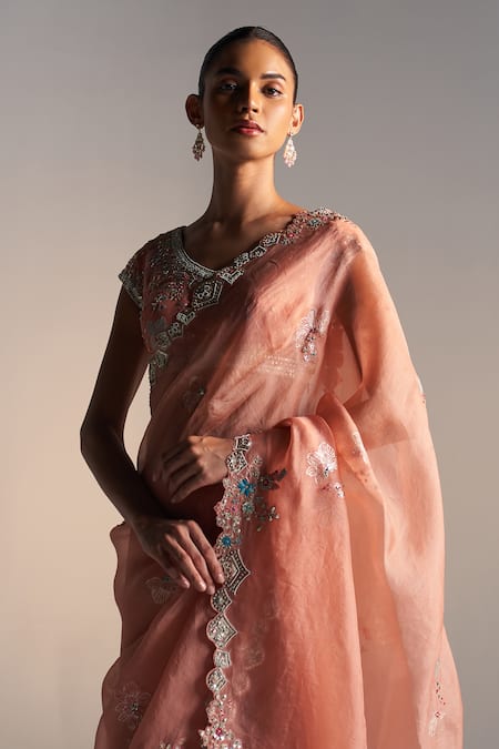 Shop Osaa By Adarsh Peach Organza Dori, Aari, French Knot, Zardozi Round Work Saree With Blouse at Aza Fashions Shop_Osaa By Adarsh_Peach Organza Dori, Aari, French Knot, Zardozi Round Work Saree With Blouse_at_Aza_Fashions