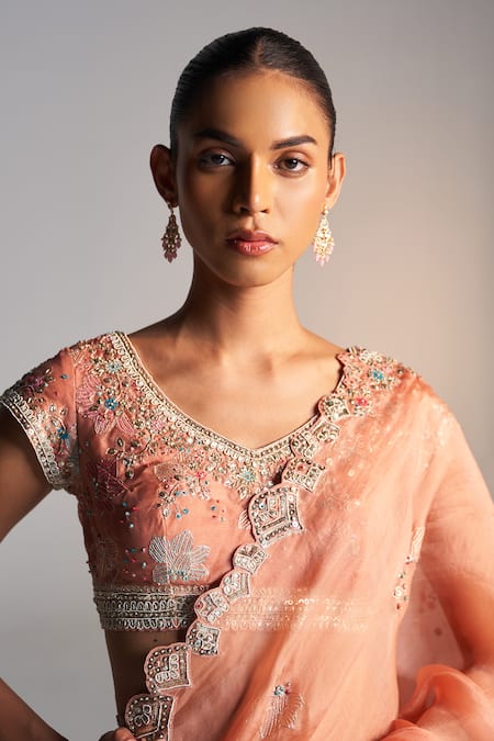 Osaa By Adarsh Peach Organza Dori, Aari, French Knot, Zardozi Round Work Saree With Blouse at Aza Fashions Osaa By Adarsh_Peach Organza Dori, Aari, French Knot, Zardozi Round Work Saree With Blouse_at_Aza_Fashions