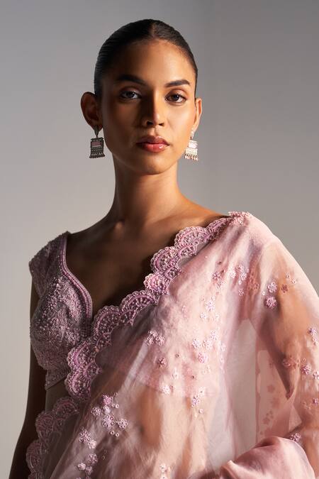 Osaa By Adarsh_Pink Organza Dori, Aari, French Knot, Zardozi And Embroidered Saree With Blouse _Online_at_Aza_Fashions