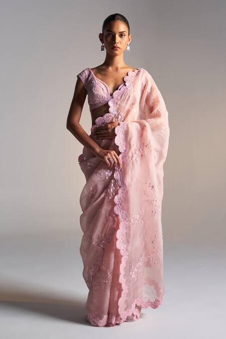 Buy_Osaa By Adarsh_Pink Organza Dori, Aari, French Knot, Zardozi And Embroidered Saree With Blouse _Online_at_Aza_Fashions