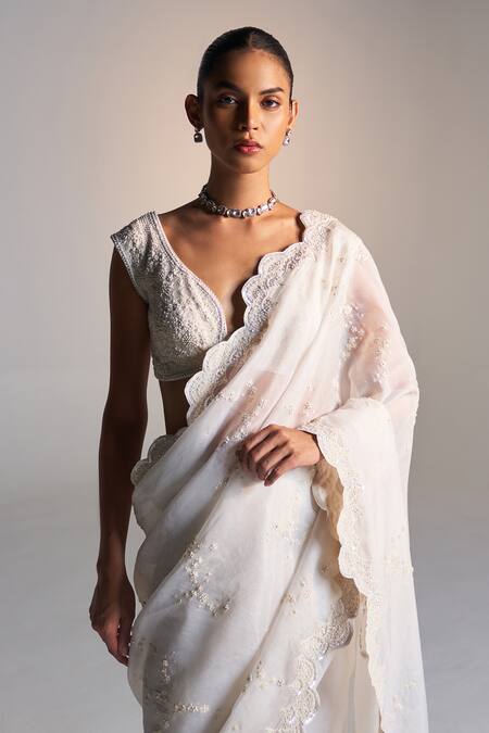 Osaa By Adarsh White Organza Zari, Embroidery Sweetheart Neck Saree With Blouse Online at Aza Fashions Osaa By Adarsh_White Organza Zari, Embroidery Sweetheart Neck Saree With Blouse_Online_at_Aza_Fashions