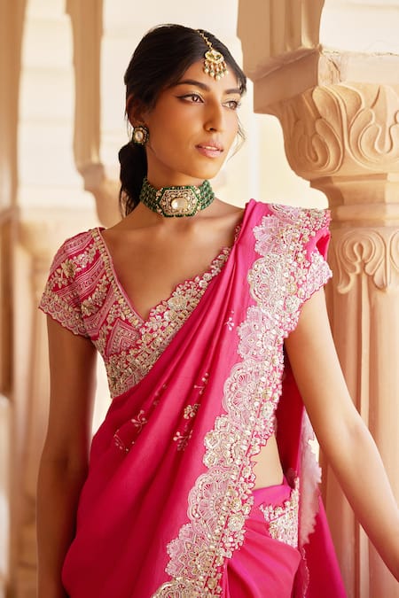 Osaa By Adarsh_Pink Mulberry Silk French Knot, Zardozi Scoop Embroidered Saree With Blouse _Online_at_Aza_Fashions