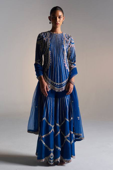 Osaa By Adarsh Blue Organza Zari, Embroidery Round Neck Zardozi Kurta Sharara Set Online at Aza Fashions Osaa By Adarsh_Blue Organza Zari, Embroidery Round Neck Zardozi Kurta Sharara Set_Online_at_Aza_Fashions
