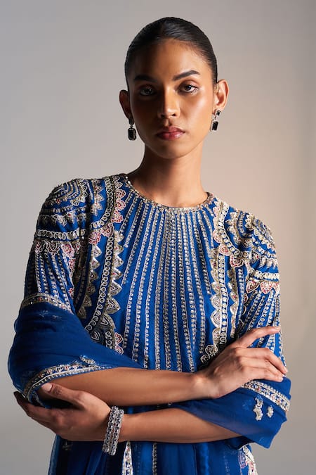 Shop Osaa By Adarsh Blue Organza Zari, Embroidery Round Neck Zardozi Kurta Sharara Set Online at Aza Fashions Shop_Osaa By Adarsh_Blue Organza Zari, Embroidery Round Neck Zardozi Kurta Sharara Set_Online_at_Aza_Fashions