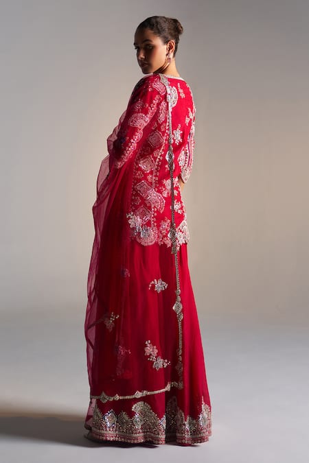 Shop Osaa By Adarsh Red Organza Zari, Embroidery Round Neck Zardozi Sharara Set at Aza Fashions Shop_Osaa By Adarsh_Red Organza Zari, Embroidery Round Neck Zardozi Sharara Set_at_Aza_Fashions
