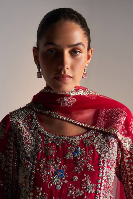 Shop Osaa By Adarsh Red Organza Zari, Embroidery Round Neck Zardozi Sharara Set Online at Aza Fashions Shop_Osaa By Adarsh_Red Organza Zari, Embroidery Round Neck Zardozi Sharara Set_Online_at_Aza_Fashions