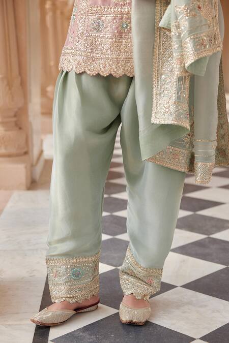 Buy_Osaa By Adarsh_Pink Tissue, Silk Zari, Embroidery, Sequins Round Neck Zardozi Kurta Salwar Set _Online_at_Aza_Fashions