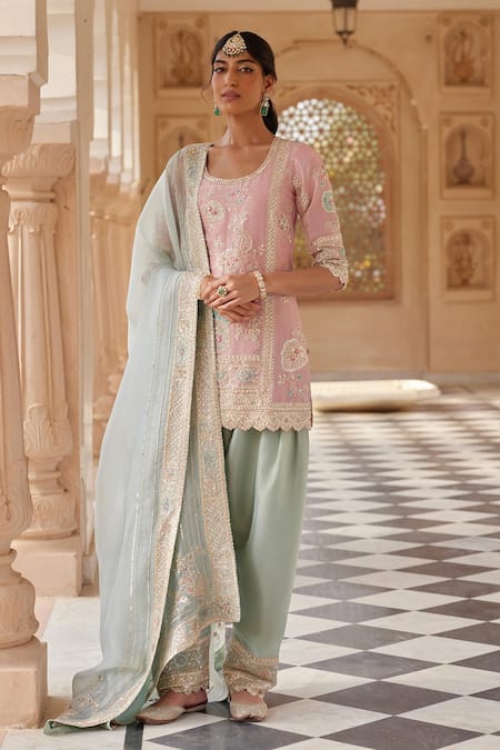 Shop_Osaa By Adarsh_Pink Tissue, Silk Zari, Embroidery, Sequins Round Neck Zardozi Kurta Salwar Set _Online_at_Aza_Fashions