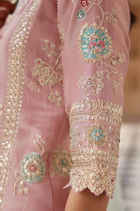 Osaa By Adarsh_Pink Tissue, Silk Zari, Embroidery, Sequins Round Neck Zardozi Kurta Salwar Set _at_Aza_Fashions