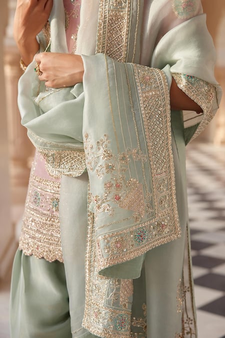 Buy_Osaa By Adarsh_Pink Tissue, Silk Zari, Embroidery, Sequins Round Neck Zardozi Kurta Salwar Set 