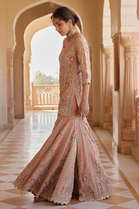 Osaa By Adarsh_Peach Silk, Cotton, Chiffon Zari, Embroidery, Zardozi Kurta Sharara Set _Online_at_Aza_Fashions