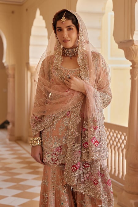 Buy_Osaa By Adarsh_Peach Silk, Cotton, Chiffon Zari, Embroidery, Zardozi Kurta Sharara Set _Online_at_Aza_Fashions