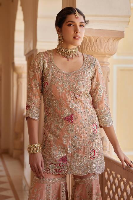 Shop_Osaa By Adarsh_Peach Silk, Cotton, Chiffon Zari, Embroidery, Zardozi Kurta Sharara Set _Online_at_Aza_Fashions