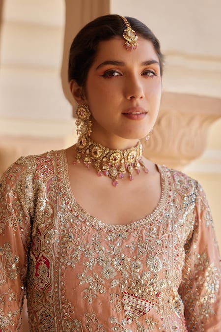 Osaa By Adarsh_Peach Silk, Cotton, Chiffon Zari, Embroidery, Zardozi Kurta Sharara Set _at_Aza_Fashions