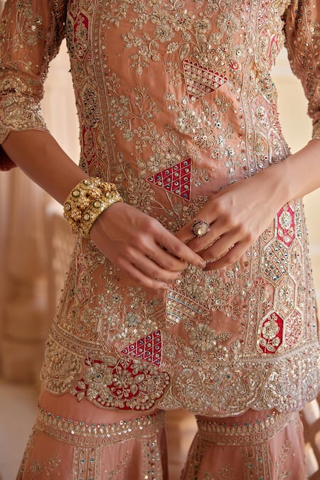 Buy_Osaa By Adarsh_Peach Silk, Cotton, Chiffon Zari, Embroidery, Zardozi Kurta Sharara Set 