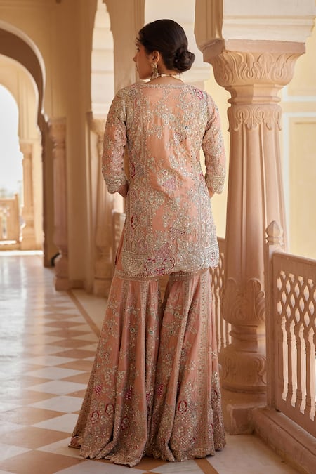 Shop_Osaa By Adarsh_Peach Silk, Cotton, Chiffon Zari, Embroidery, Zardozi Kurta Sharara Set _at_Aza_Fashions