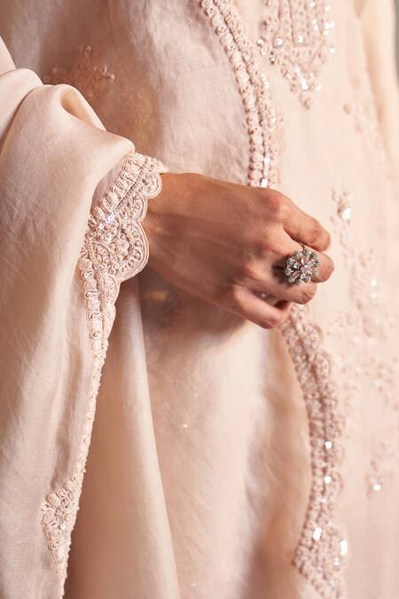 Osaa By Adarsh_Peach Organza Applique, Aari, French Knot, Zardozi Embroidered Kurta Pant Set _Online_at_Aza_Fashions