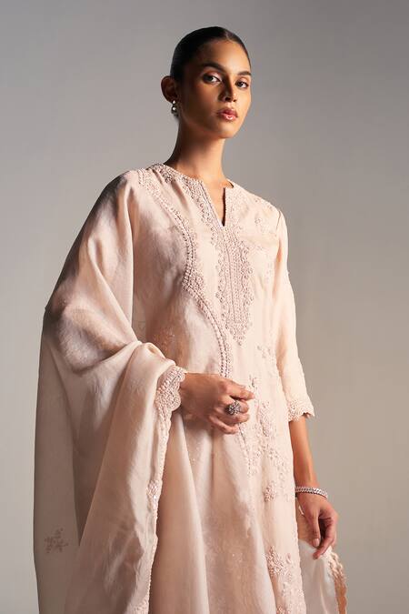 Shop_Osaa By Adarsh_Peach Organza Applique, Aari, French Knot, Zardozi Embroidered Kurta Pant Set _Online_at_Aza_Fashions