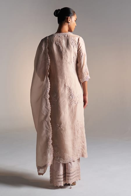 Shop_Osaa By Adarsh_Peach Organza Applique, Aari, French Knot, Zardozi Embroidered Kurta Pant Set _at_Aza_Fashions