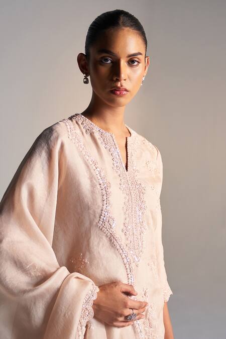 Osaa By Adarsh_Peach Organza Applique, Aari, French Knot, Zardozi Embroidered Kurta Pant Set _at_Aza_Fashions