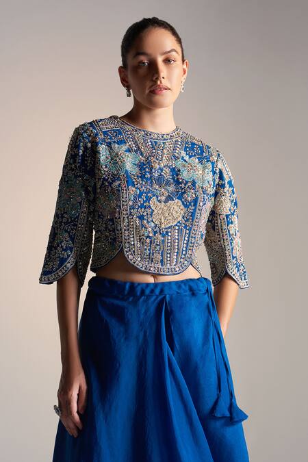 Osaa By Adarsh_Blue Organza Aari Work, Layered Panel Lehenga With Embroidered Scalloped Blouse_Online_at_Aza_Fashions