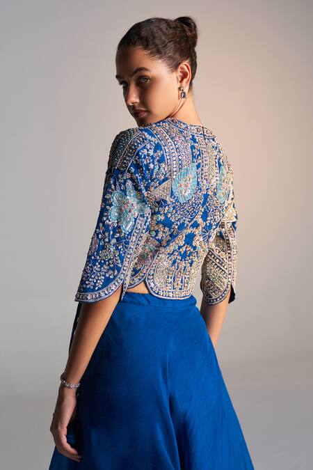 Buy_Osaa By Adarsh_Blue Organza Aari Work, Layered Panel Lehenga With Embroidered Scalloped Blouse_Online_at_Aza_Fashions