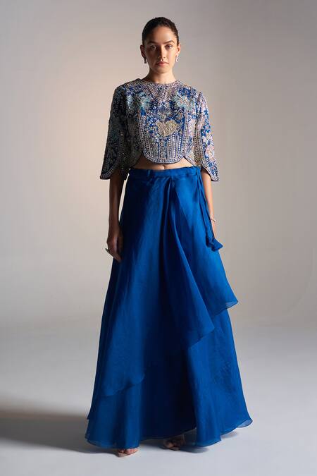 Shop_Osaa By Adarsh_Blue Organza Aari Work, Layered Panel Lehenga With Embroidered Scalloped Blouse_Online_at_Aza_Fashions