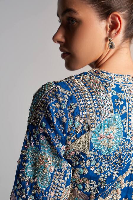 Osaa By Adarsh_Blue Organza Aari Work, Layered Panel Lehenga With Embroidered Scalloped Blouse_at_Aza_Fashions