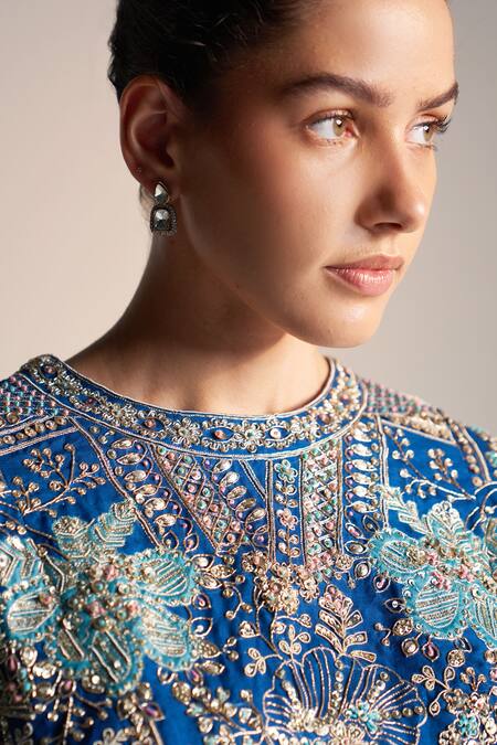 Buy_Osaa By Adarsh_Blue Organza Aari Work, Layered Panel Lehenga With Embroidered Scalloped Blouse