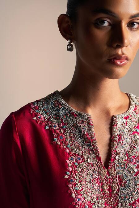 Osaa By Adarsh_Red Mulberry Silk Aari Work, Dori, French Floral Embroidered Kurta Pant Set_Online_at_Aza_Fashions