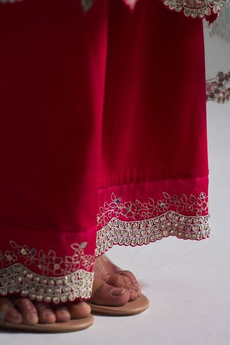 Shop_Osaa By Adarsh_Red Mulberry Silk Aari Work, Dori, French Floral Embroidered Kurta Pant Set_Online_at_Aza_Fashions