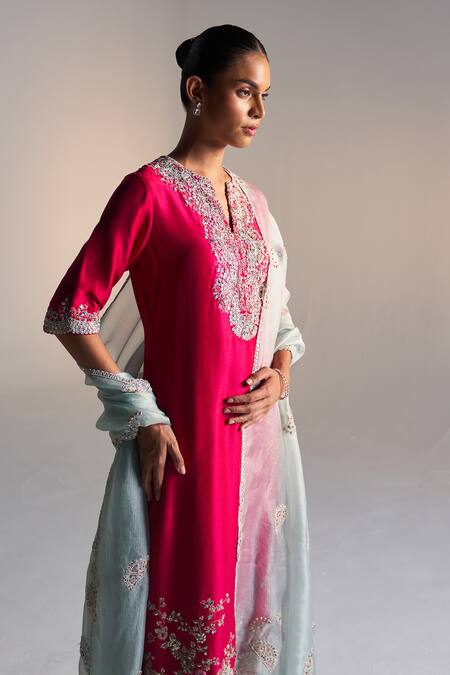 Osaa By Adarsh_Red Mulberry Silk Aari Work, Dori, French Floral Embroidered Kurta Pant Set_at_Aza_Fashions
