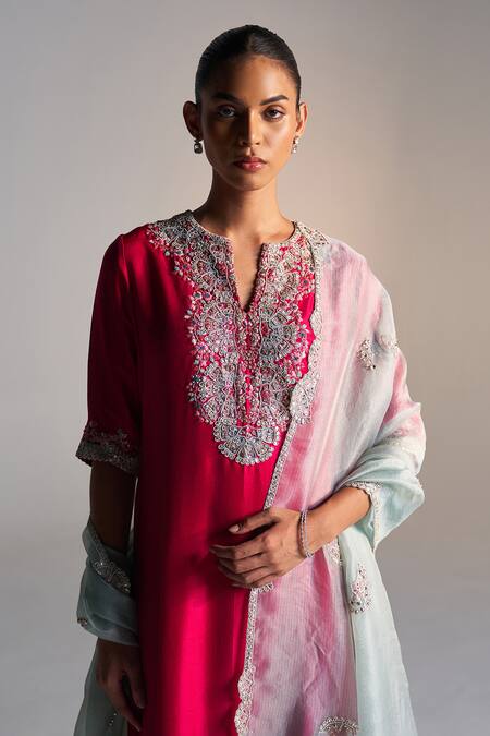 Buy_Osaa By Adarsh_Red Mulberry Silk Aari Work, Dori, French Floral Embroidered Kurta Pant Set