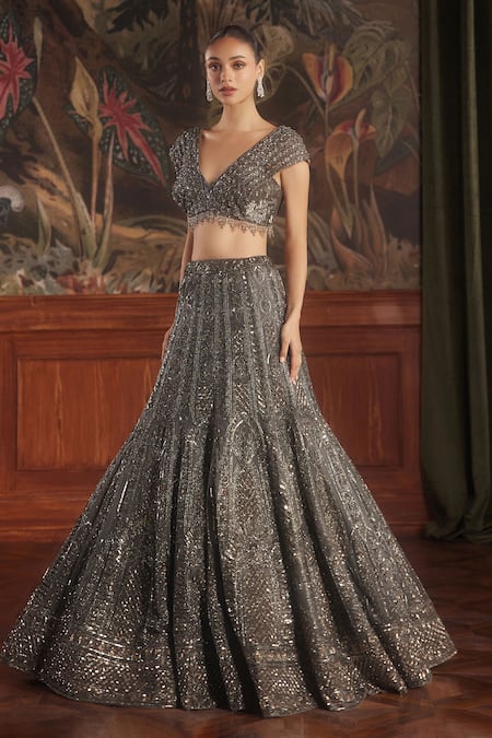 Roqa_Grey Net Floral, Geometric, Sequin, Tassel, Sirius Hand Embroidered Lehenga Set _Online_at_Aza_Fashions