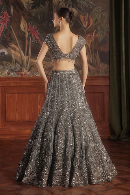 Shop_Roqa_Grey Net Floral, Geometric, Sequin, Tassel, Sirius Hand Embroidered Lehenga Set _at_Aza_Fashions