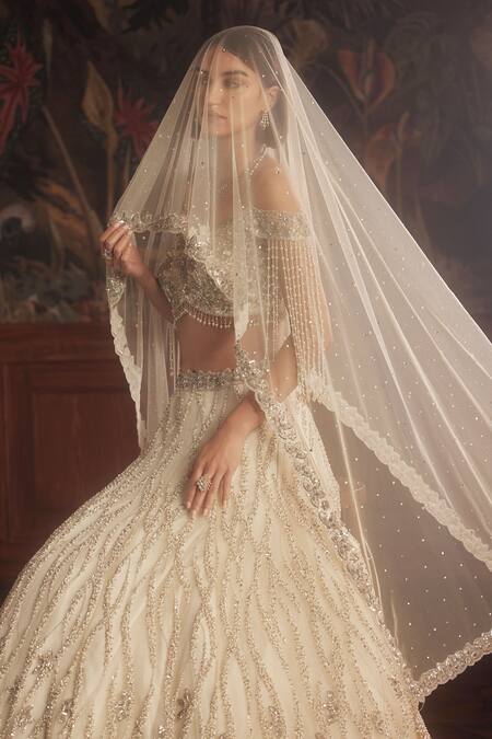 Buy_Roqa_Ivory Net Sequins, Beads, Pearls, Embroidery Sweetheart Neck Hand Lehenga Set _Online_at_Aza_Fashions
