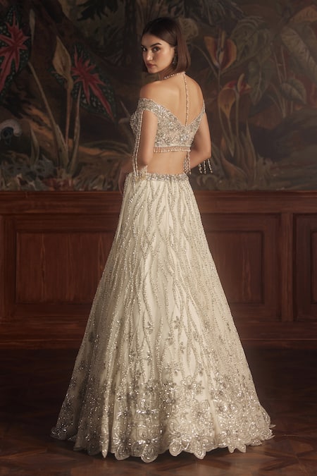 Shop_Roqa_Ivory Net Sequins, Beads, Pearls, Embroidery Sweetheart Neck Hand Lehenga Set _Online_at_Aza_Fashions