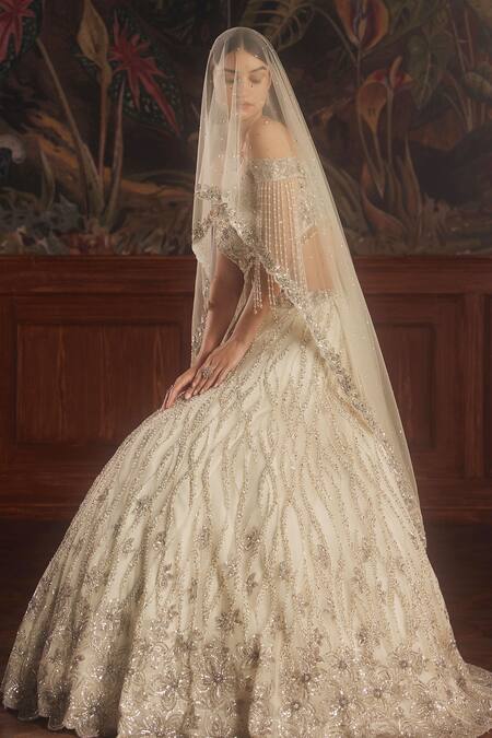 Buy_Roqa_Ivory Net Sequins, Beads, Pearls, Embroidery Sweetheart Neck Hand Lehenga Set 