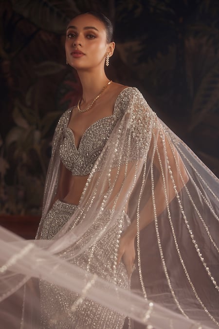 Roqa_Purple Net Sequin, Swarovski Plunge Altair Embellished Lehenga With Blouse _Online_at_Aza_Fashions