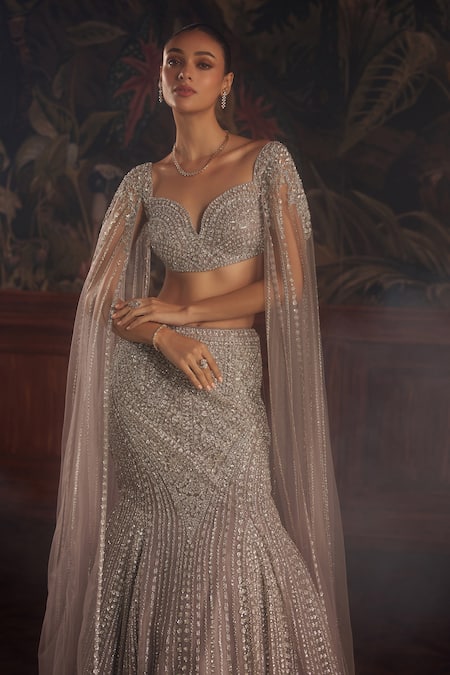 Roqa_Purple Net Sequin, Swarovski Plunge Altair Embellished Lehenga With Blouse _at_Aza_Fashions