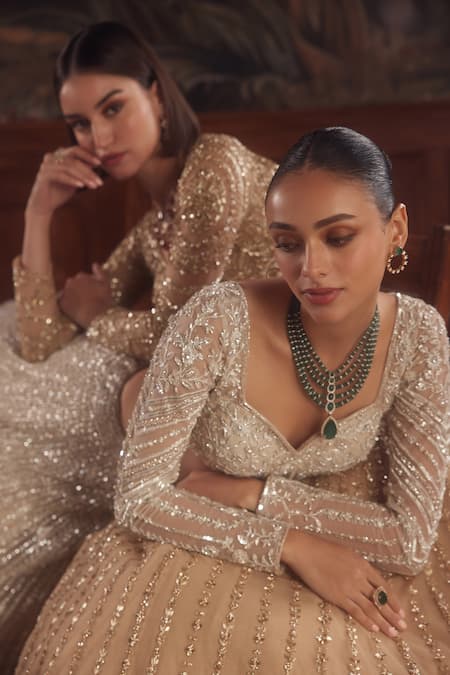 Roqa_Gold Net Tassels, Beads, Cut Work V-neck Embroidered Lehenga Set _Online_at_Aza_Fashions