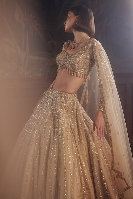 Buy_Roqa_Gold Net Tassels, Beads, Cut Work V-neck Embroidered Lehenga Set _Online_at_Aza_Fashions