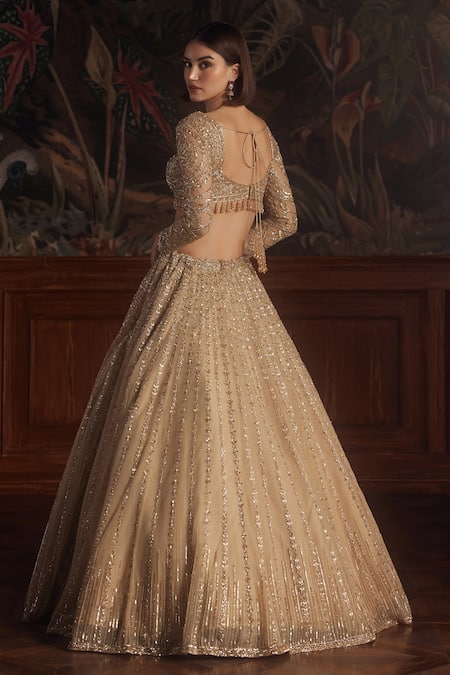 Shop_Roqa_Gold Net Tassels, Beads, Cut Work V-neck Embroidered Lehenga Set _at_Aza_Fashions
