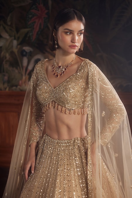 Shop_Roqa_Gold Net Tassels, Beads, Cut Work V-neck Embroidered Lehenga Set _Online_at_Aza_Fashions