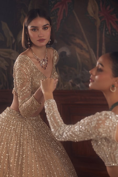 Roqa_Ivory Net Sequins, Pearls, Beads, Embroidery Sweetheart Neck Lehenga Set _Online_at_Aza_Fashions