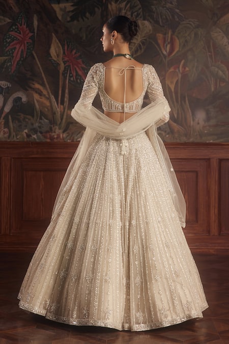 Shop_Roqa_Ivory Net Sequins, Pearls, Beads, Embroidery Sweetheart Neck Lehenga Set _at_Aza_Fashions