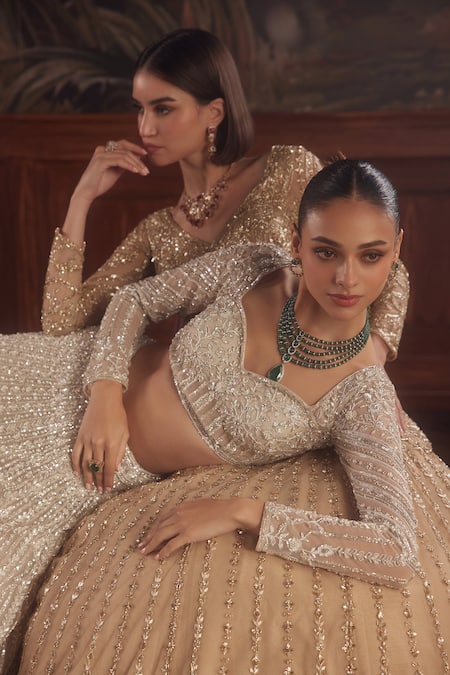 Shop_Roqa_Ivory Net Sequins, Pearls, Beads, Embroidery Sweetheart Neck Lehenga Set _Online_at_Aza_Fashions